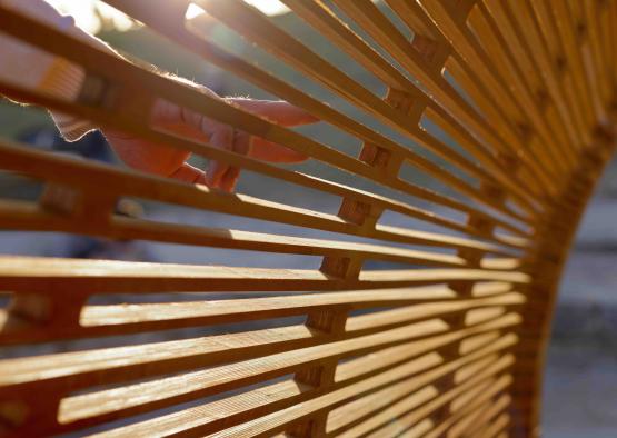 a hand touching a wooden fence