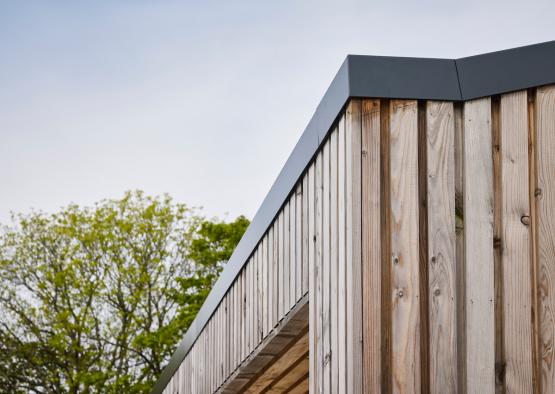 a corner of a building with trees in the background