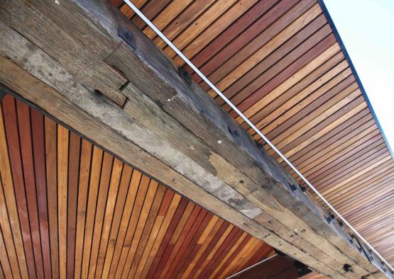 a wood beams and wood siding