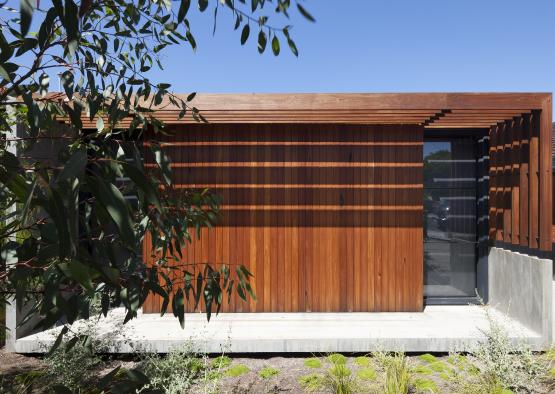 a building with a wood paneling