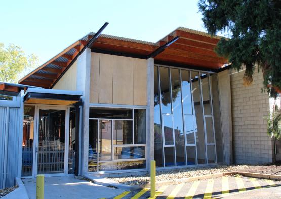 a building with glass doors