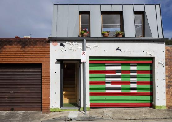 a building with a garage door