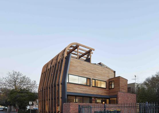 a building with a curved roof