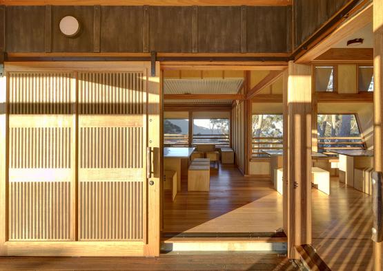 a room with a sliding door